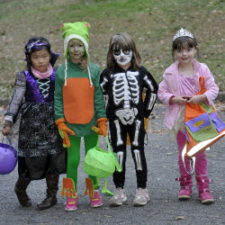 Four children around age 5 wearing Halloween costumes including a vampire, a turtle, a skeleton and a princess.