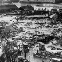 Daytime view of the aftermath of a molasses tank failure in Boston's North End on January 15, 1919