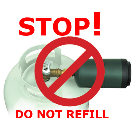 Illustration reminding people not to refill propane tanks by themselves, showing a small cannister attached to a larger propane tank with the words, "Stop! Do not refill"