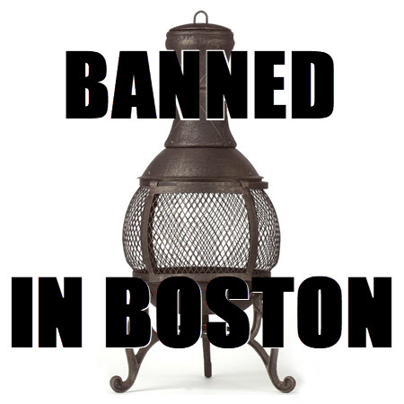 Stoock image of an iron chiminea with the words "Banned in Boston" superimposed